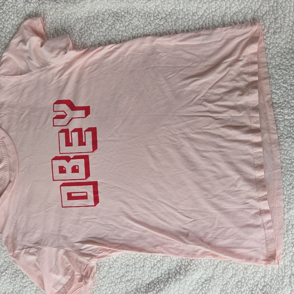 Obey Light Pink Tee with Bold Red Graphic Small